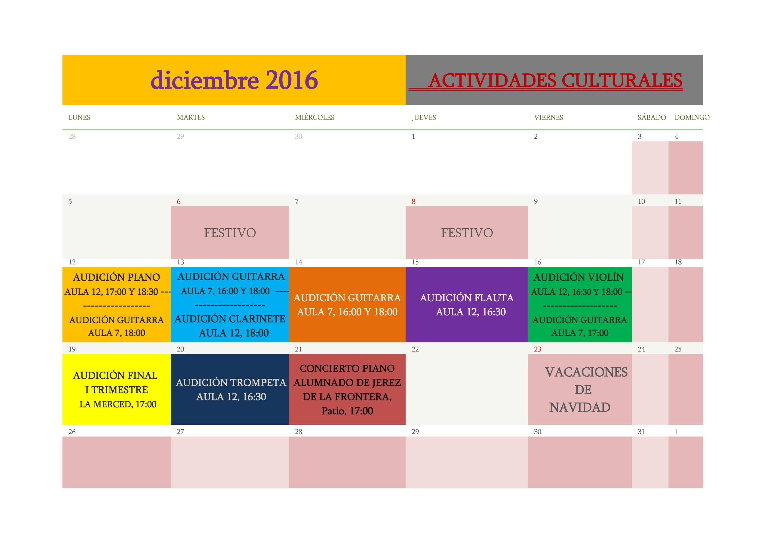 CALENDARIO AUDICIONES DICIEMBRE 2016