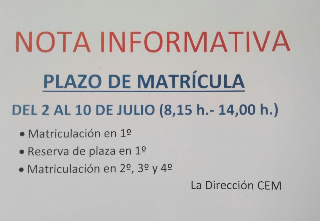 PLAZO DE MATRICULA / NOTA INFORMATIVA