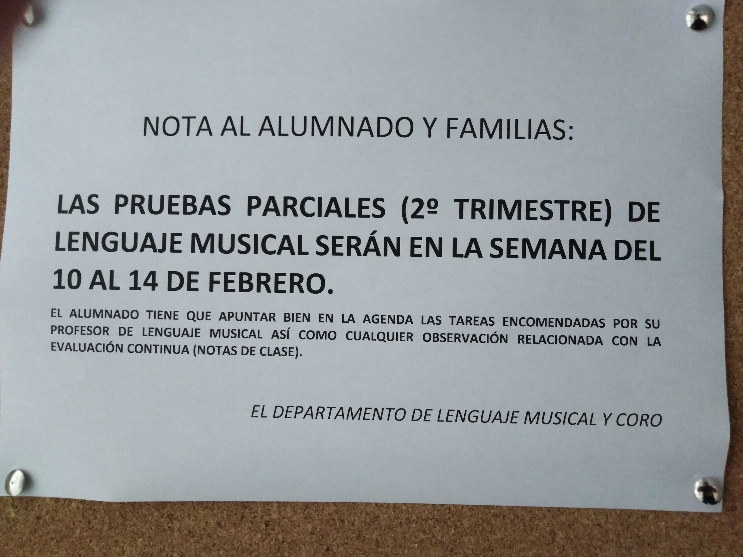 LAS PRUEBAS PARCIALES DE LENGUAJE MÚSICAL SERÁN DEL 10 AL 14 DE FEBRERO