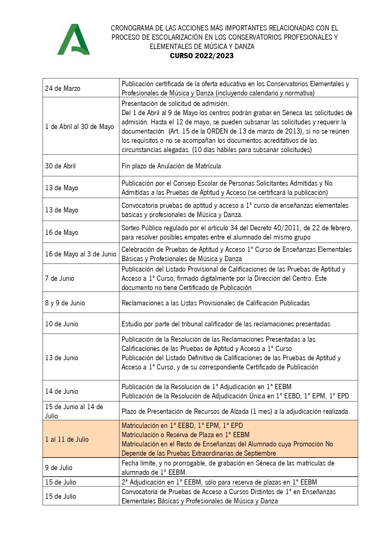 CRONOGRAMA DE ESCOLARIZACIÓN EN CONSERVATORIO 2022/2023